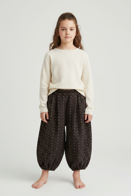 Pantalon Chinois Harem Marron Imprimé Floral Enfant Hiver - Tweed