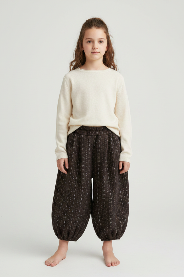 Pantalon Chinois Harem Marron Imprimé Floral Enfant Hiver - Tweed