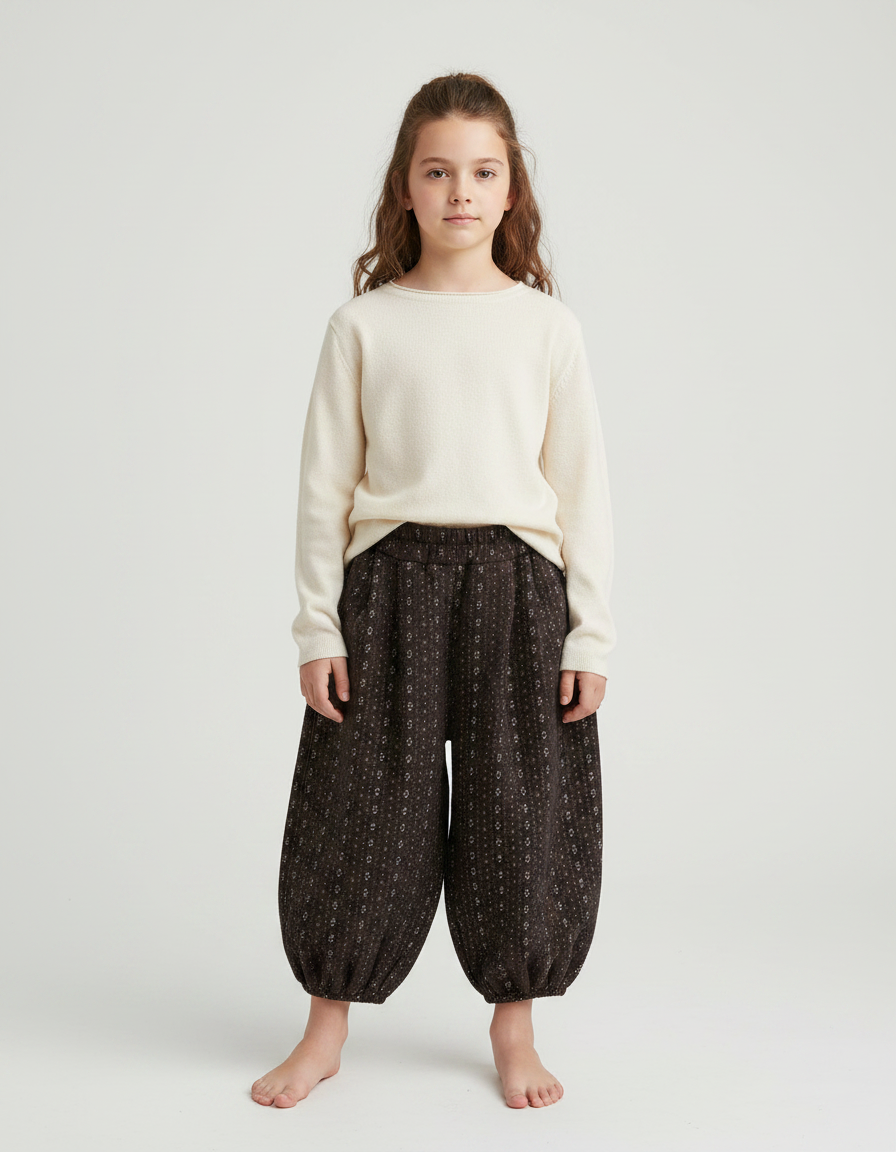 Pantalon Chinois Harem Marron Imprimé Floral Enfant Hiver - Tweed