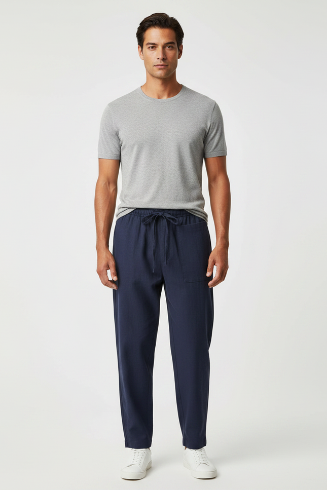 Pantalon Chinois Bleu Marine Coton Ample Décontracté Homme