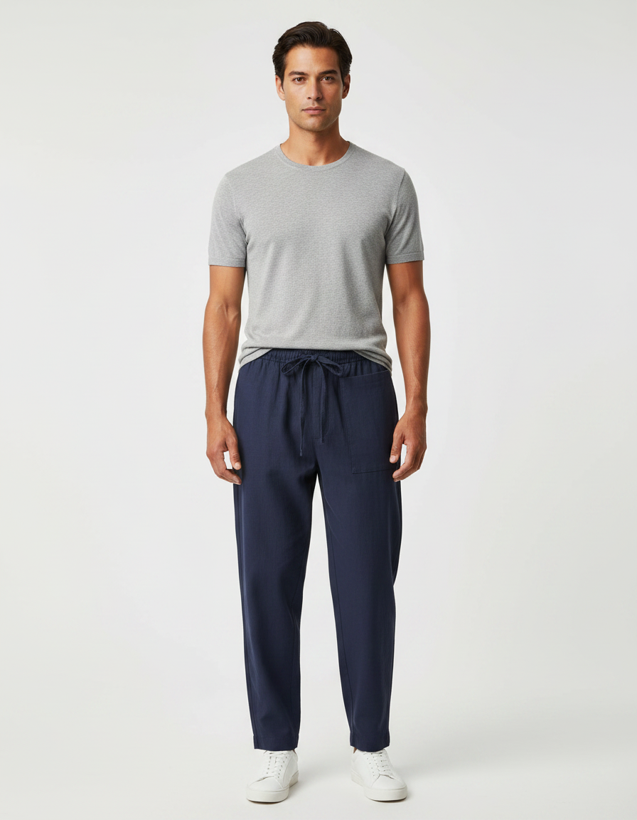 Pantalon Chinois Bleu Marine Coton Ample Décontracté Homme