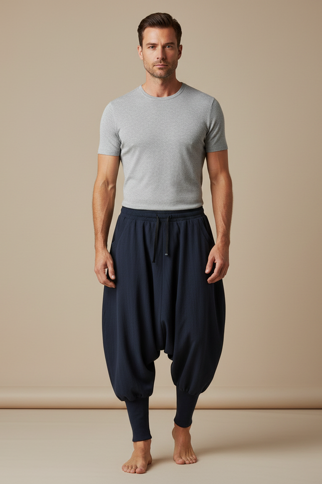 Pantalon Chinois Harem Bleu Marine Cordon Ample Décontracté - Cordé