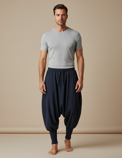 Pantalon Chinois Harem Bleu Marine Cordon Ample Décontracté - Cordé