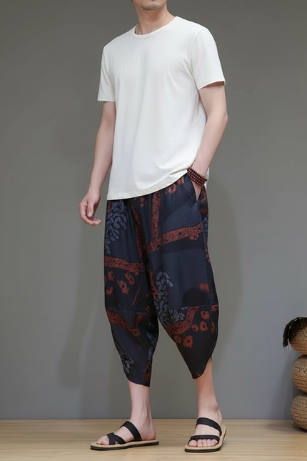 Pantalon Chinois Harem Imprimé Ethnique Fluide Homme - Multicolore Viscose
