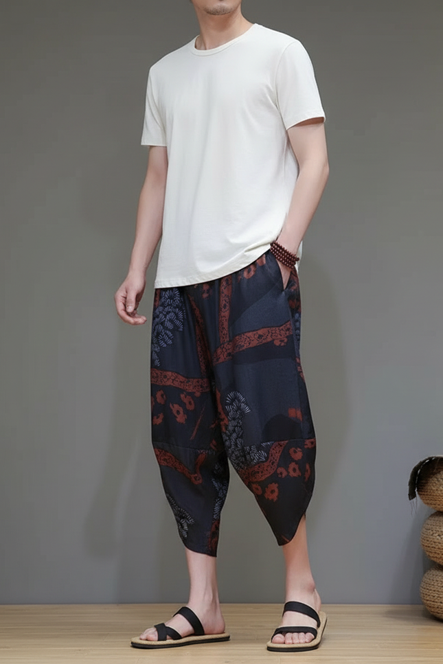 Pantalon Chinois Harem Imprimé Ethnique Fluide Homme - Multicolore Viscose