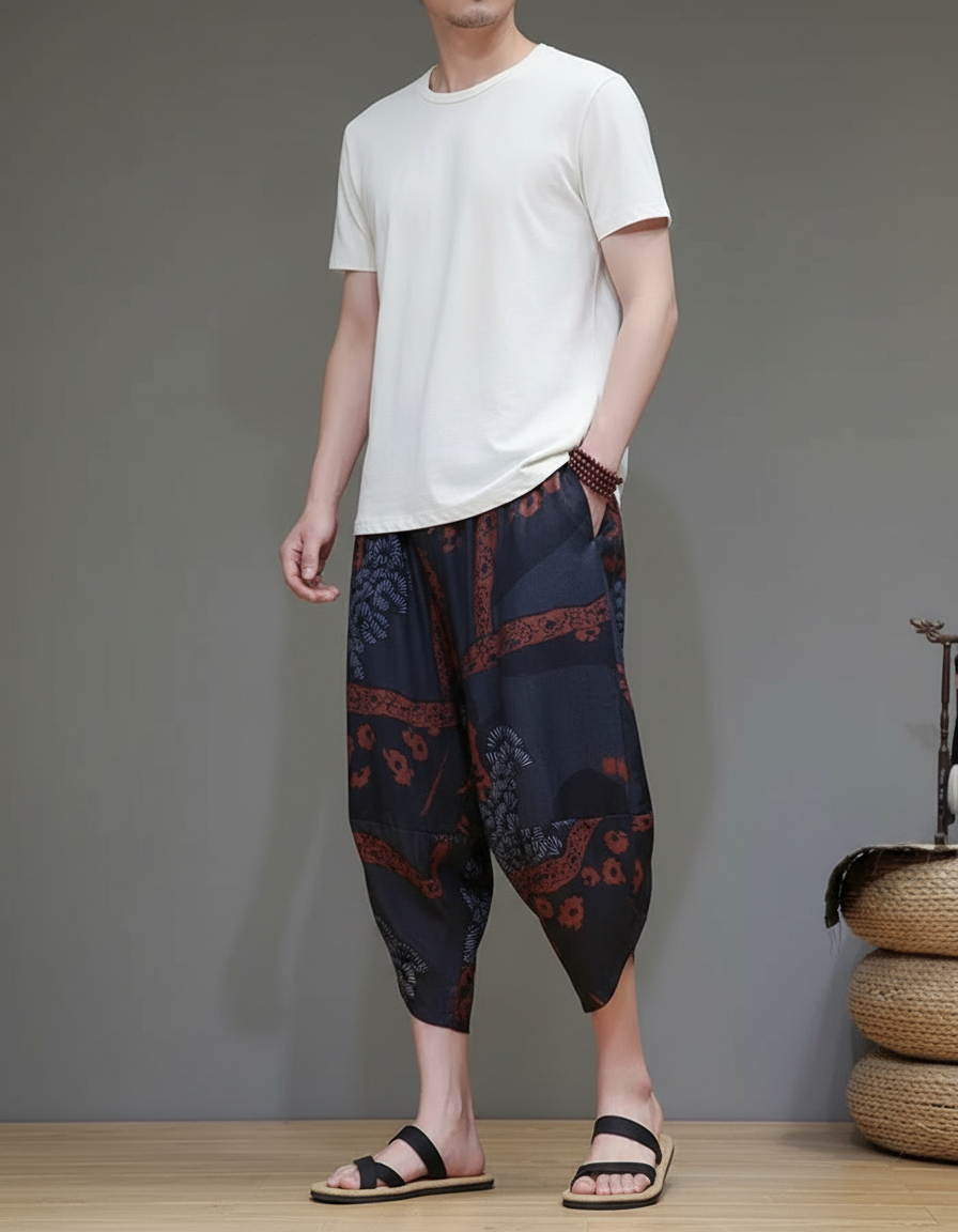 Pantalon Chinois Harem Imprimé Ethnique Fluide Homme - Multicolore Viscose