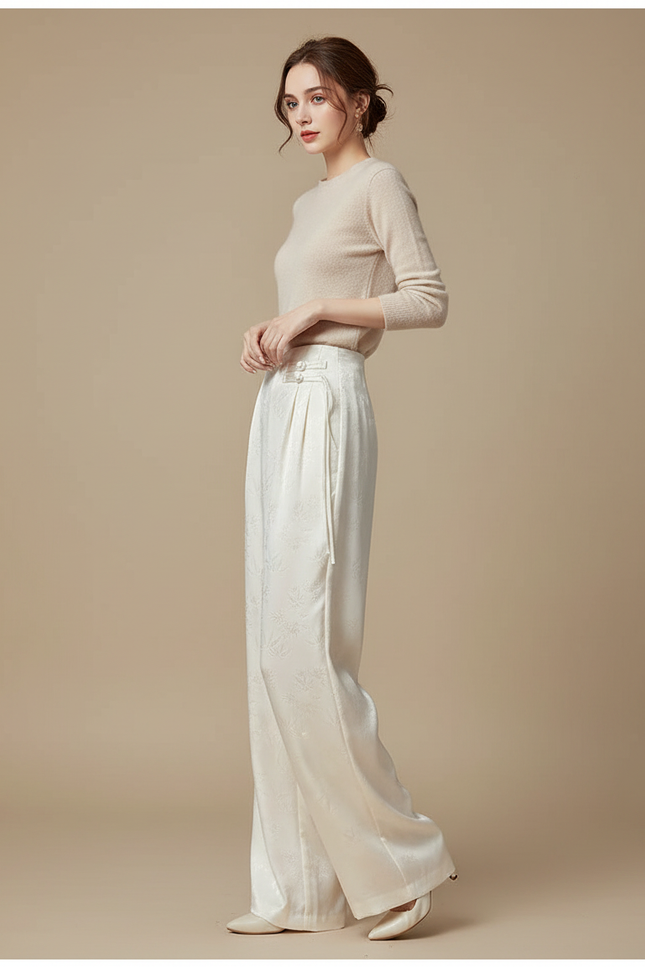 Pantalon Chinois Blanc Jacquard Fluide Ample Élégant - Satin