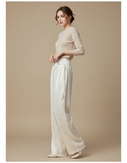 Pantalon Chinois Blanc Jacquard Fluide Ample Élégant - Satin