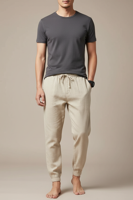 Pantalon Chinois Lin Coton Beige Harem Homme