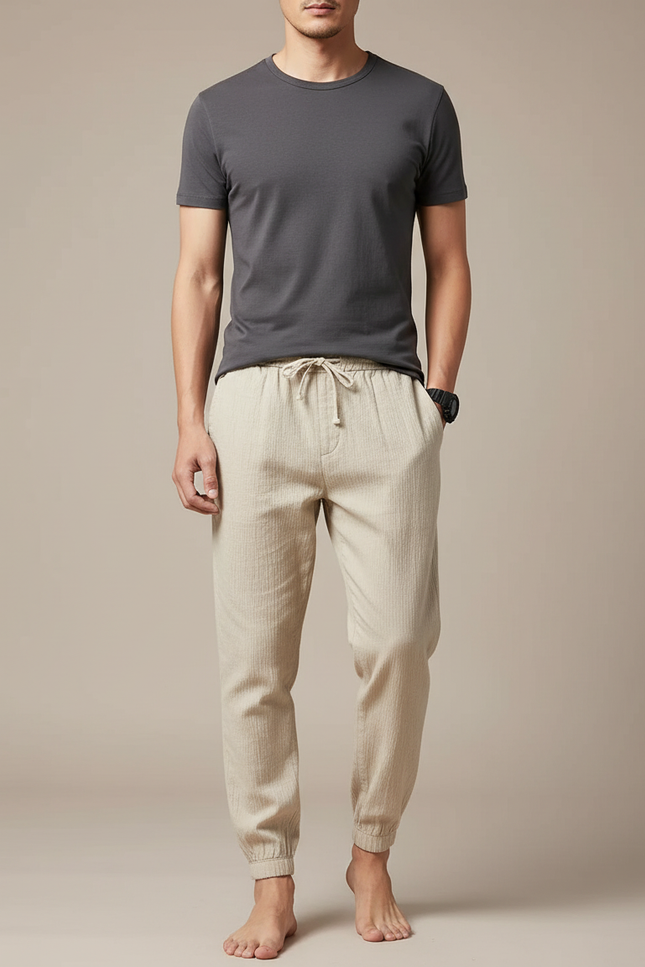 Pantalon Chinois Lin Coton Beige Harem Homme