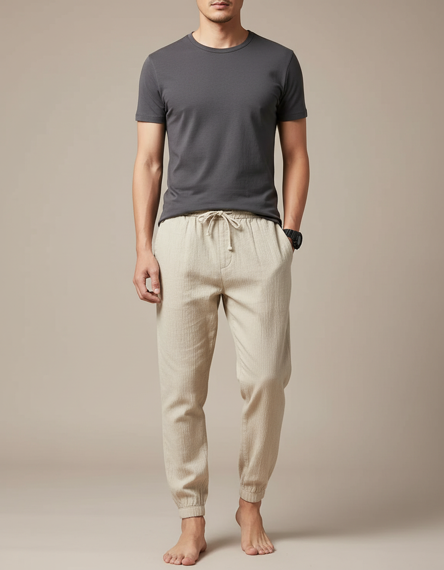 Pantalon Chinois Lin Coton Beige Harem Homme
