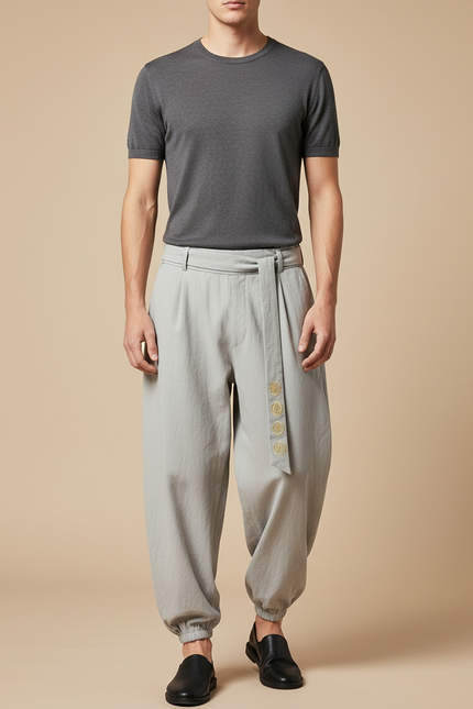 Pantalon Chinois Gris Clair Ample Coton Brodé Homme