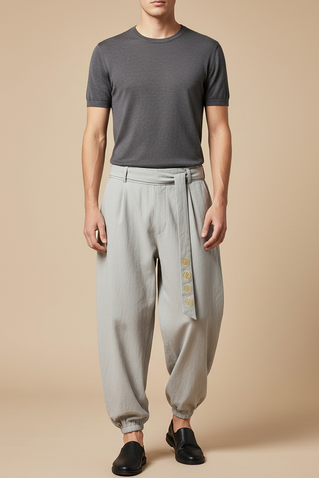 Pantalon Chinois Gris Clair Ample Coton Brodé Homme