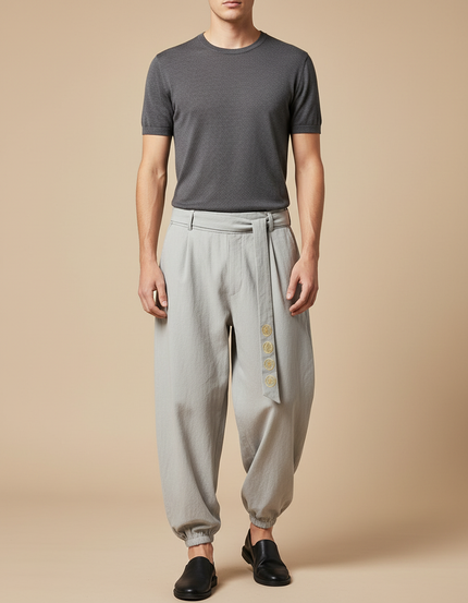 Pantalon Chinois Gris Clair Ample Coton Brodé Homme