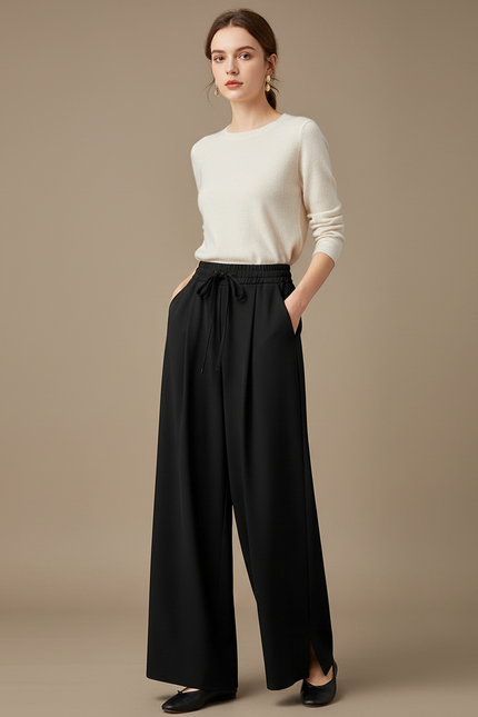 Pantalon Chinois Noir Ample Fluide Élégant - Polyester