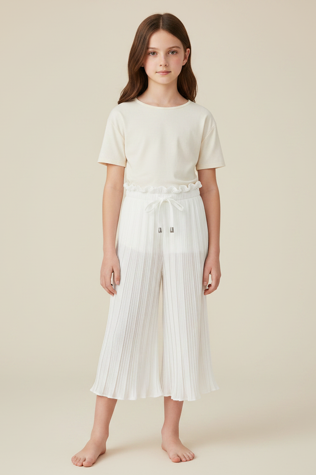 Pantalon Chinois Blanc Plissé Ample Fluide Décontracté - Polyester