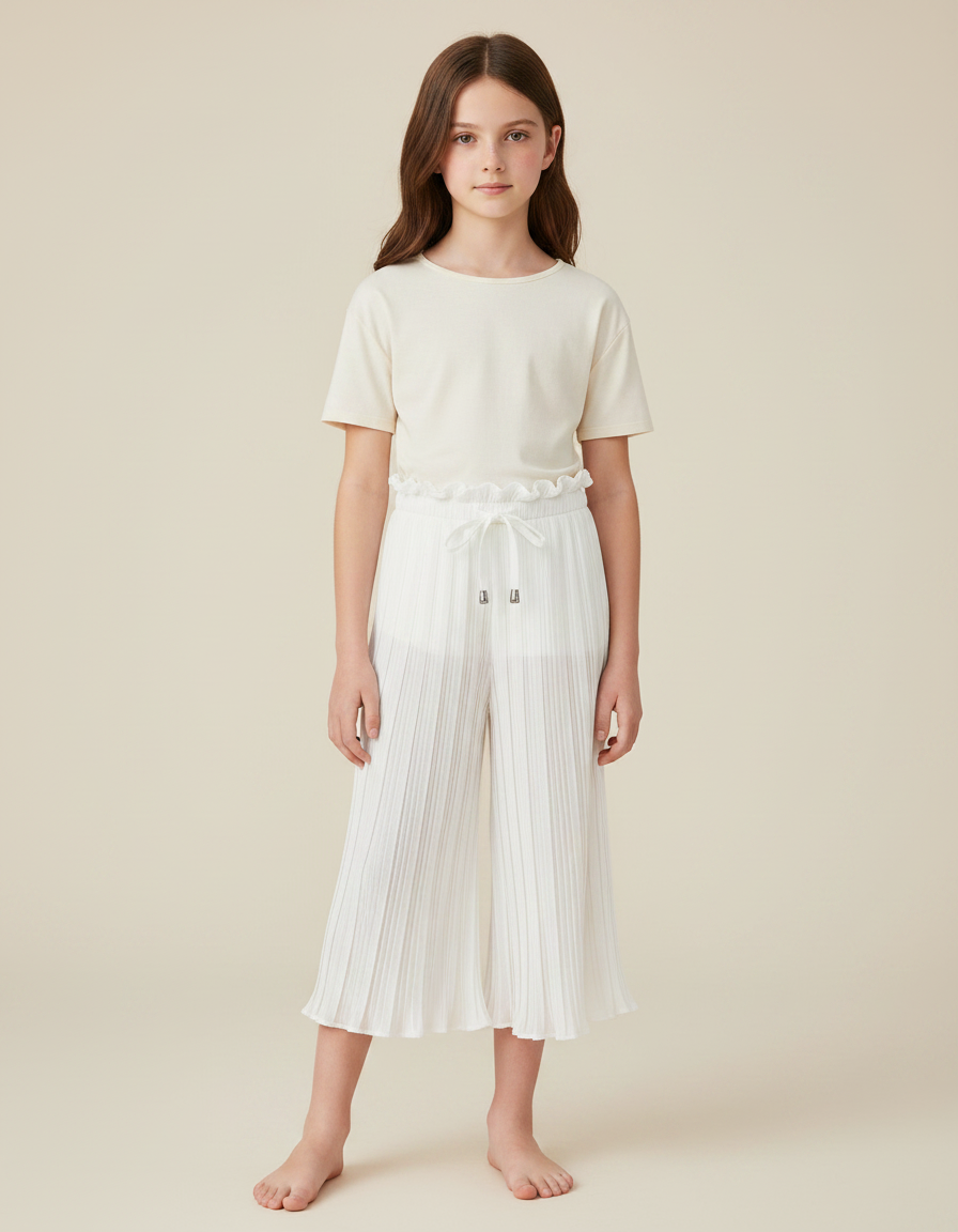 Pantalon Chinois Blanc Plissé Ample Fluide Décontracté - Polyester