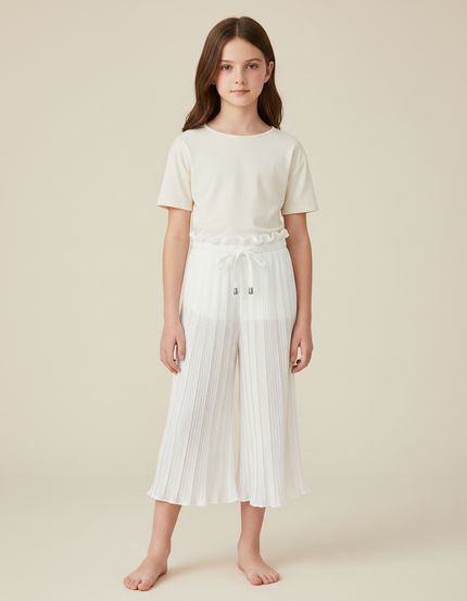 Pantalon Chinois Blanc Plissé Ample Fluide Décontracté - Polyester