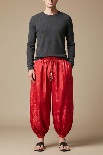 Pantalon Chinois Rouge Satin Dragon Ample Homme
