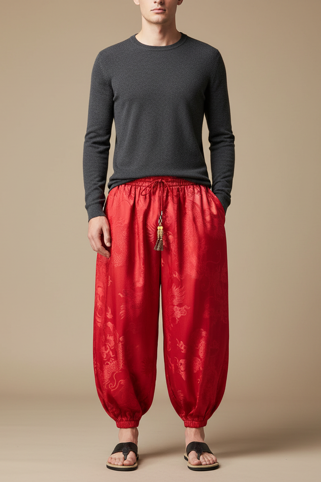 Pantalon Chinois Rouge Satin Dragon Ample Homme