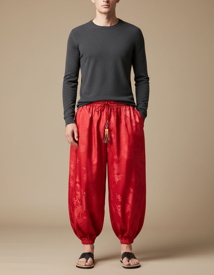 Pantalon Chinois Rouge Satin Dragon Ample Homme
