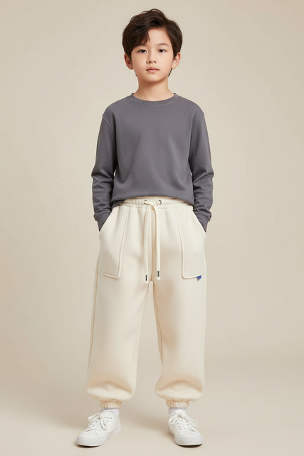 Pantalon Chinois Crème Polaire Ample Décontracté Enfant - Beige Molleton