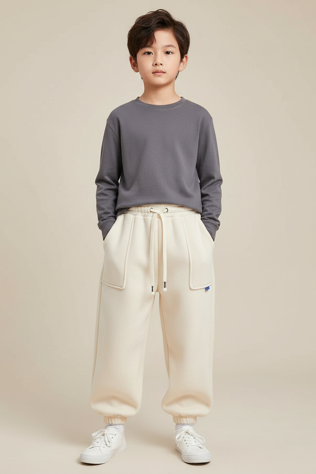 Pantalon Chinois Crème Polaire Ample Décontracté Enfant - Beige Molleton