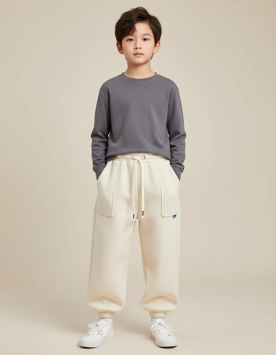 Pantalon Chinois Crème Polaire Ample Décontracté Enfant - Beige Molleton