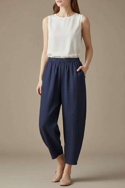 Pantalon Chinois Bleu Marine Ample Lin Coton Estival