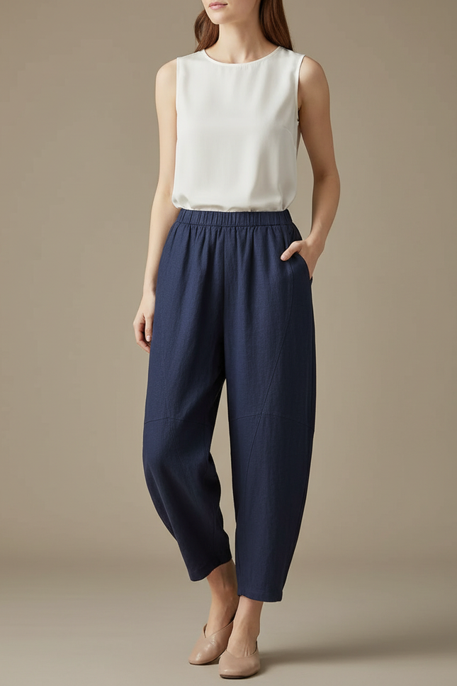 Pantalon Chinois Bleu Marine Ample Lin Coton Estival