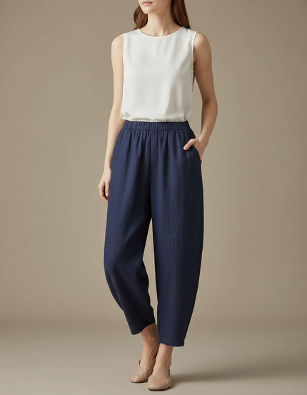 Pantalon Chinois Bleu Marine Ample Lin Coton Estival