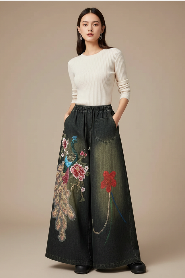 Pantalon Chinois Brodé Paon Ample Large Femme - Noir Jean