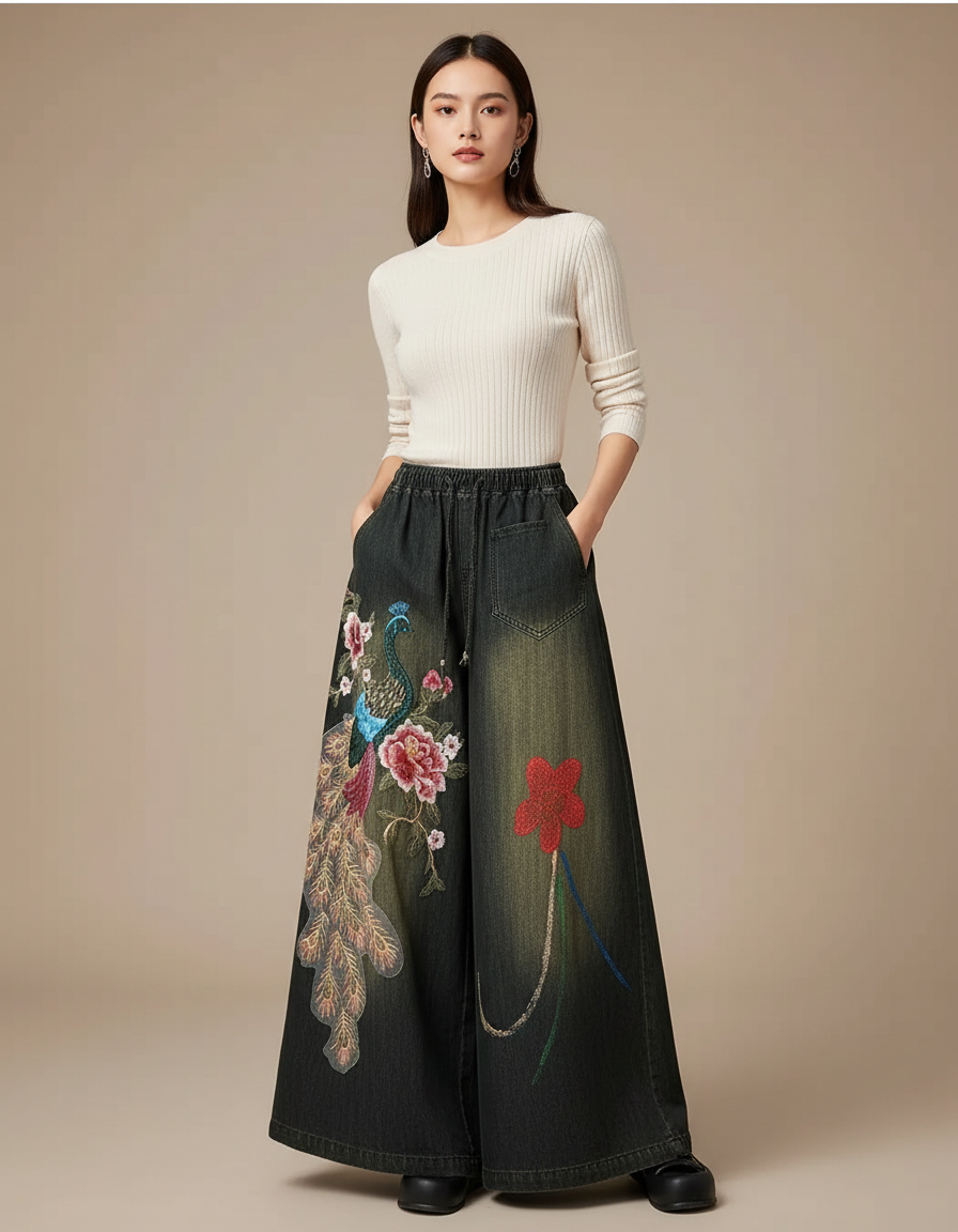 Pantalon Chinois Brodé Paon Ample Large Femme - Noir Jean