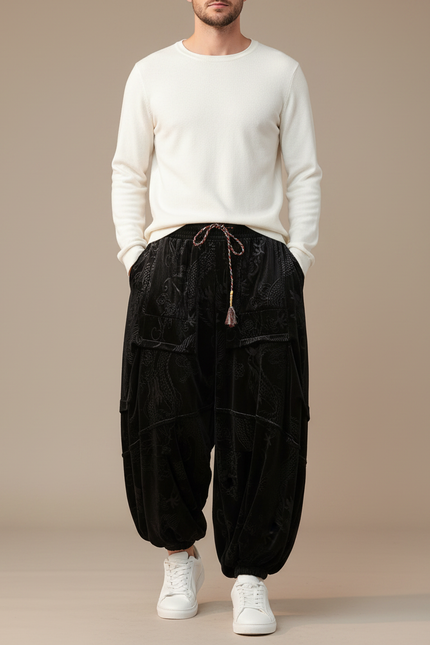 Pantalon Chinois Velours Noir Imprimé Dragon Ample Décontracté