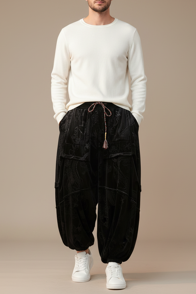 Pantalon Chinois Velours Noir Imprimé Dragon Ample Décontracté