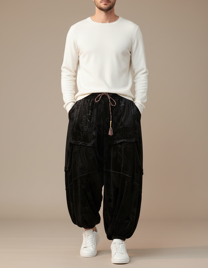 Pantalon Chinois Velours Noir Imprimé Dragon Ample Décontracté