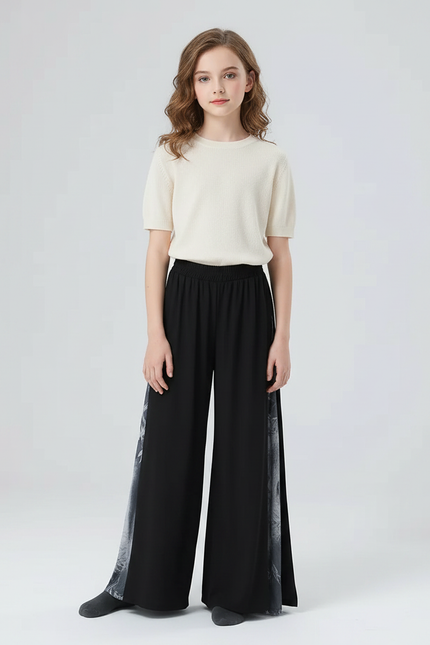 Pantalon Chinois Noir Ample Imprimé Encre Fluide Danse - Viscose