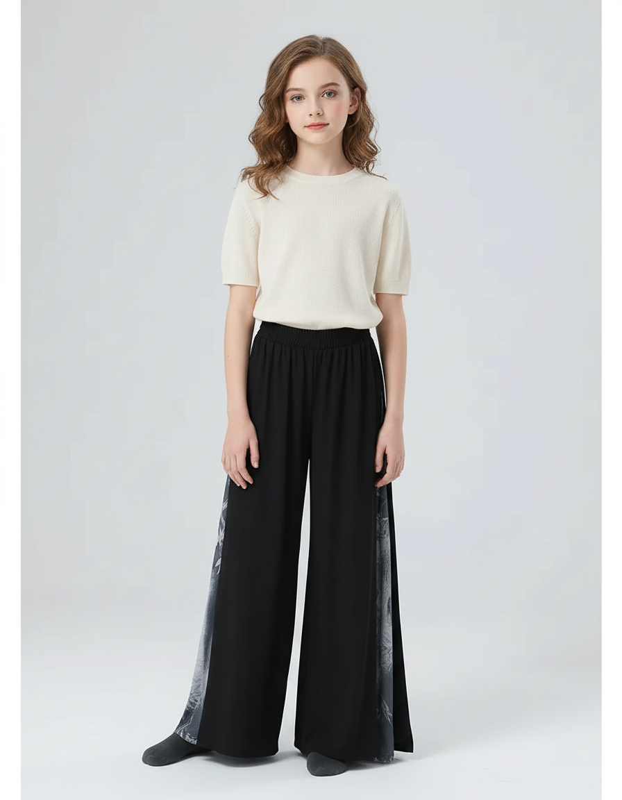 Pantalon Chinois Noir Ample Imprimé Encre Fluide Danse - Viscose