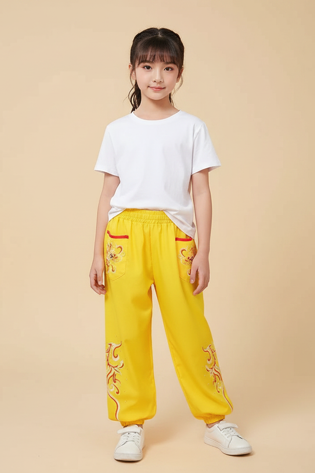 Pantalon Chinois Jaune Brodé Dragon Enfant Ample Sportif - Coton