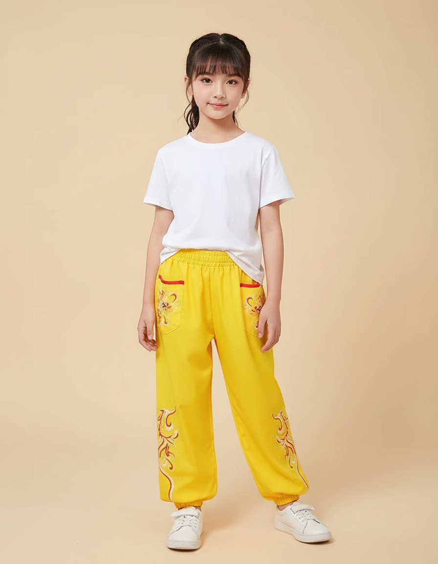 Pantalon Chinois Jaune Brodé Dragon Enfant Ample Sportif - Coton