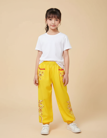 Pantalon Chinois Jaune Brodé Dragon Enfant Ample Sportif - Coton