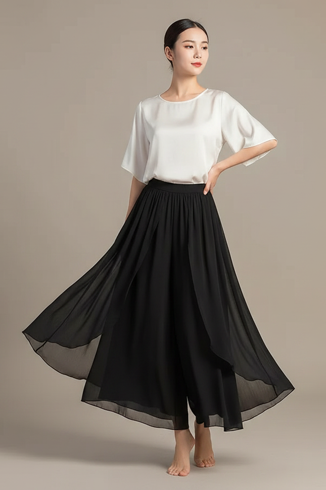 Pantalon Chinois Noir Fluide Chiffon Ample Femme - Soie