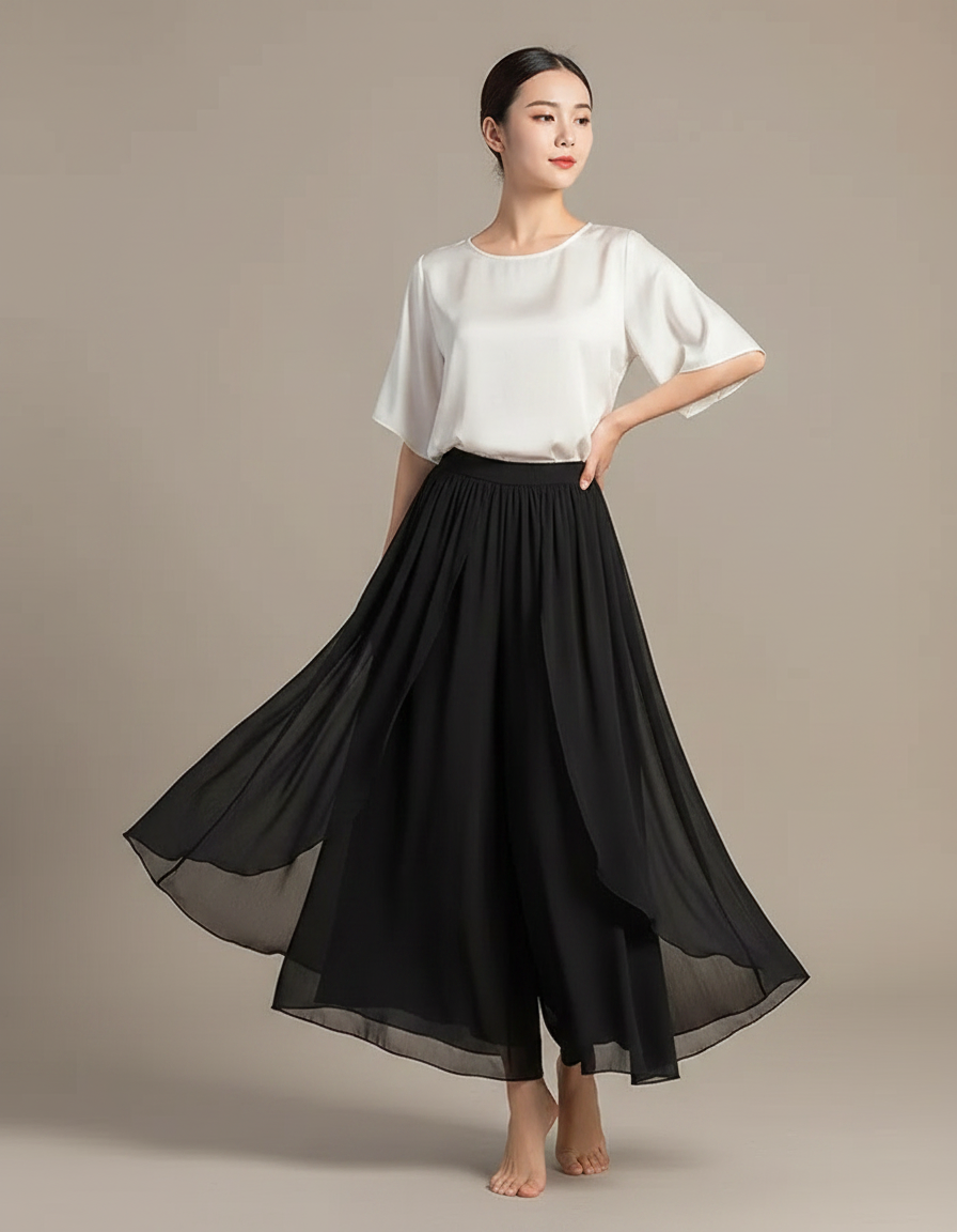 Pantalon Chinois Noir Fluide Chiffon Ample Femme - Soie