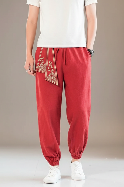 Pantalon Chinois Rouge Harem Brodé Coton Élastique Homme
