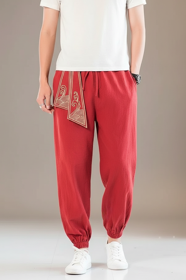 Pantalon Chinois Rouge Harem Brodé Coton Élastique Homme