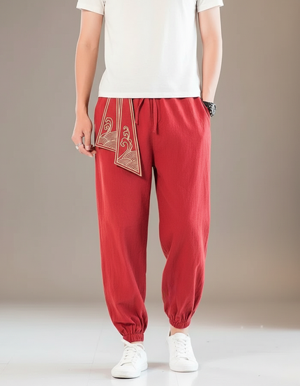 Pantalon Chinois Rouge Harem Brodé Coton Élastique Homme