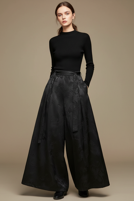 Pantalon Chinois Noir Jacquard Dragon Ample Élégant - Satin