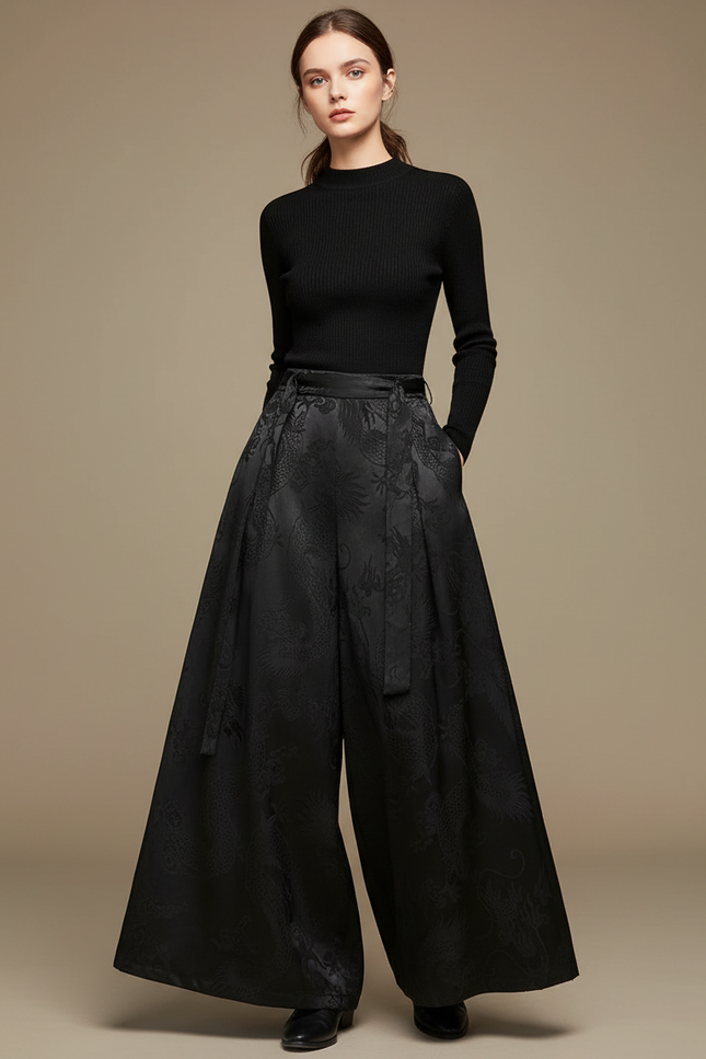 Pantalon Chinois Noir Jacquard Dragon Ample Élégant - Satin