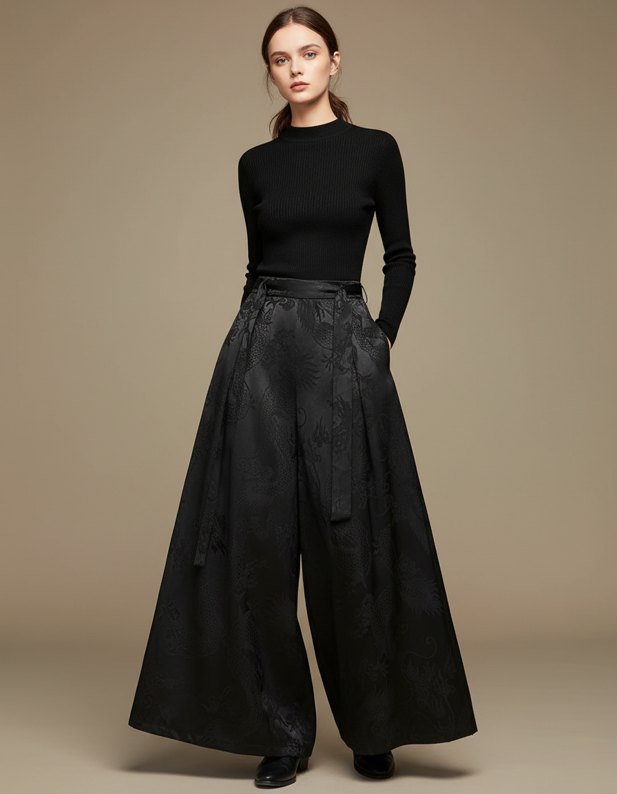 Pantalon Chinois Noir Jacquard Dragon Ample Élégant - Satin