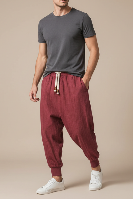 Pantalon Chinois Sarouel Lin Rouge Ample Décontracté Homme - Bordeaux